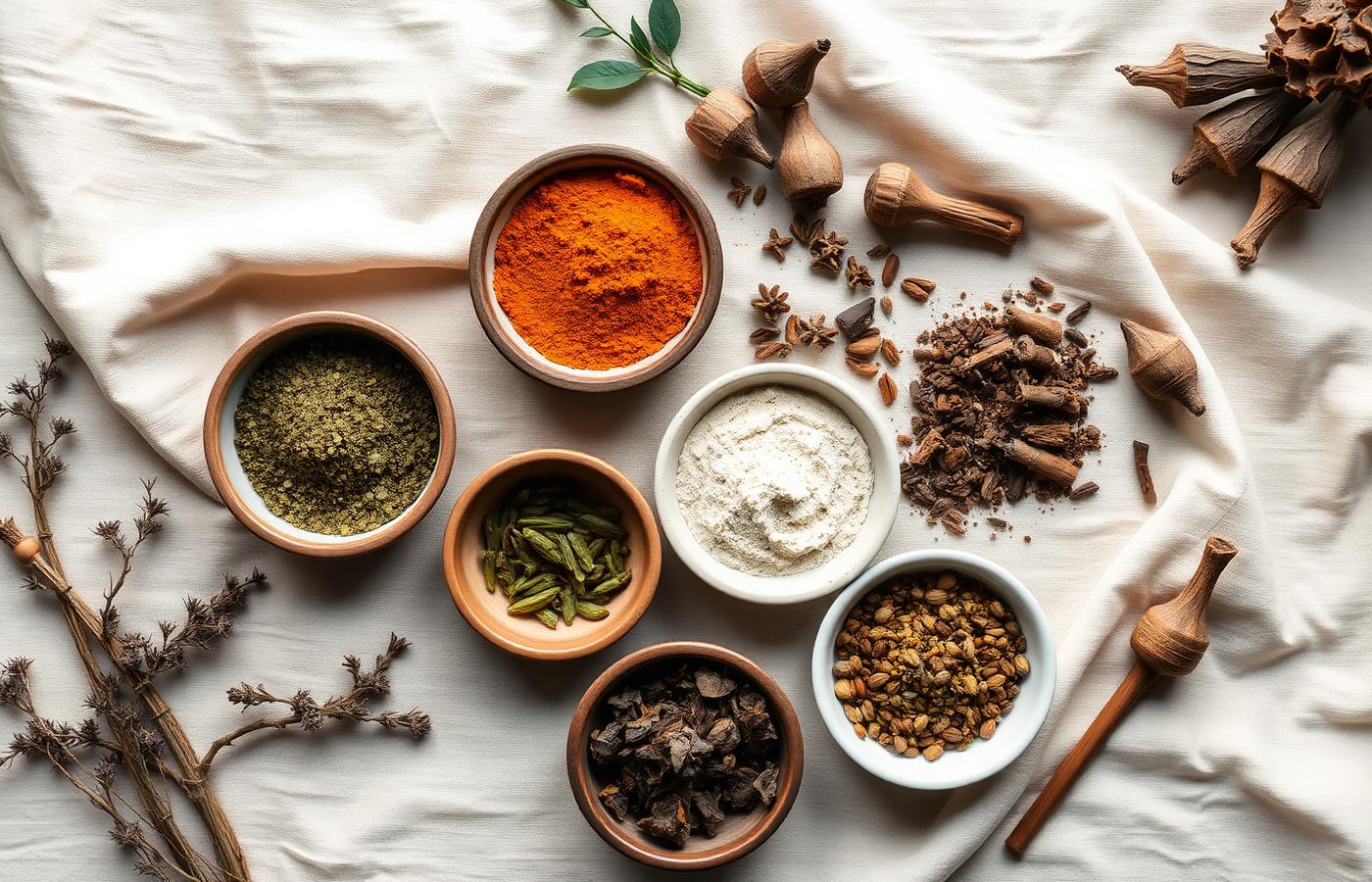Ayurvedic herbs, powders and roots in ceramic bowls on ivory linen