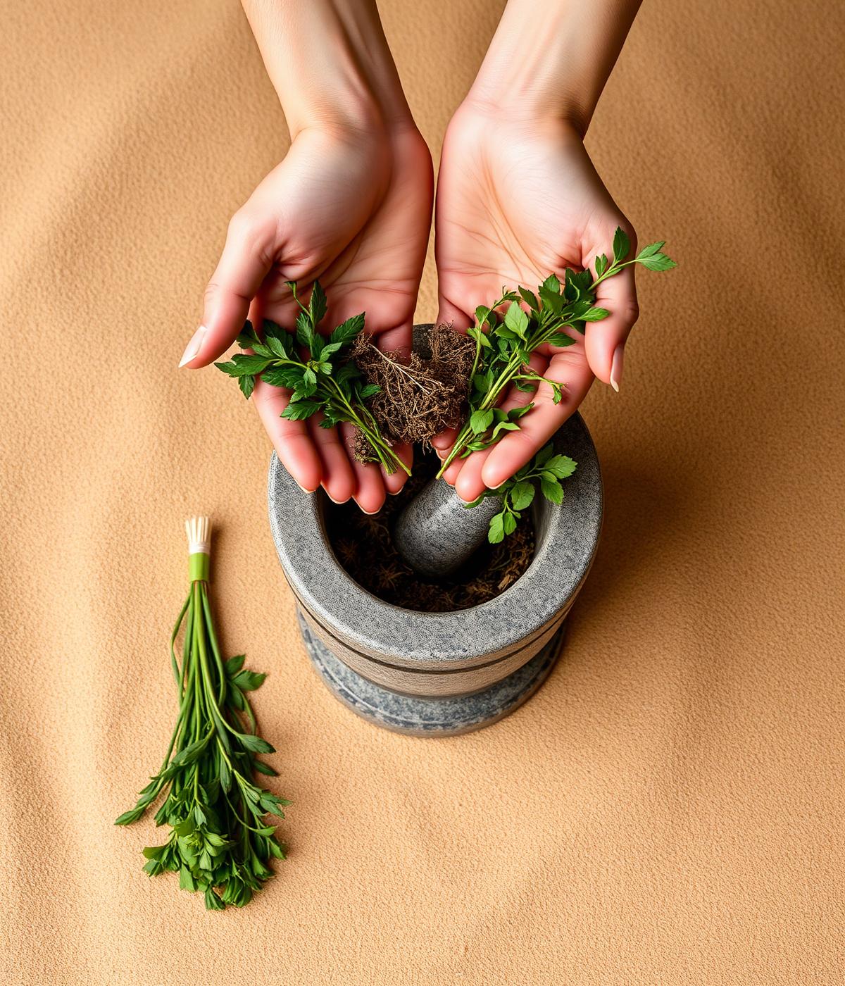 Hands holding fresh Ayurvedic herbs above a stone mortar